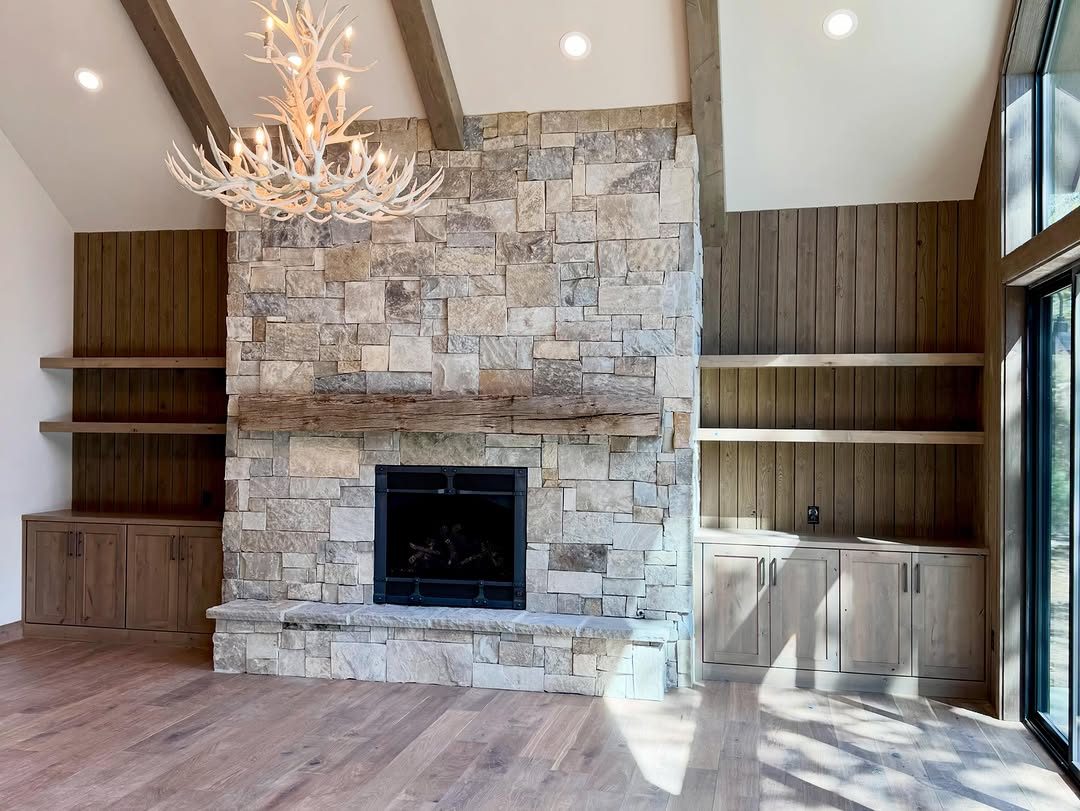 Great room with fireplace and custom built-ins