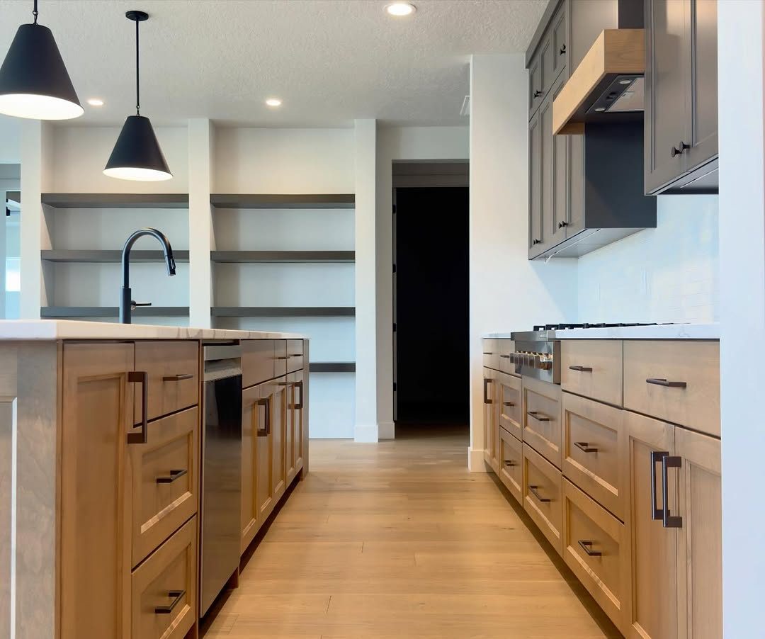 Natural finish kitchen with open shelving